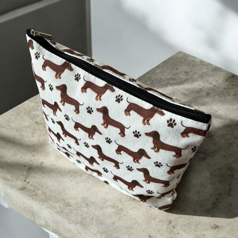 Cute Cartoon Dachshund Doxie Sausage Dog Print Toiletry Cosmetic Pouch Bag with - Picture 3 of 6